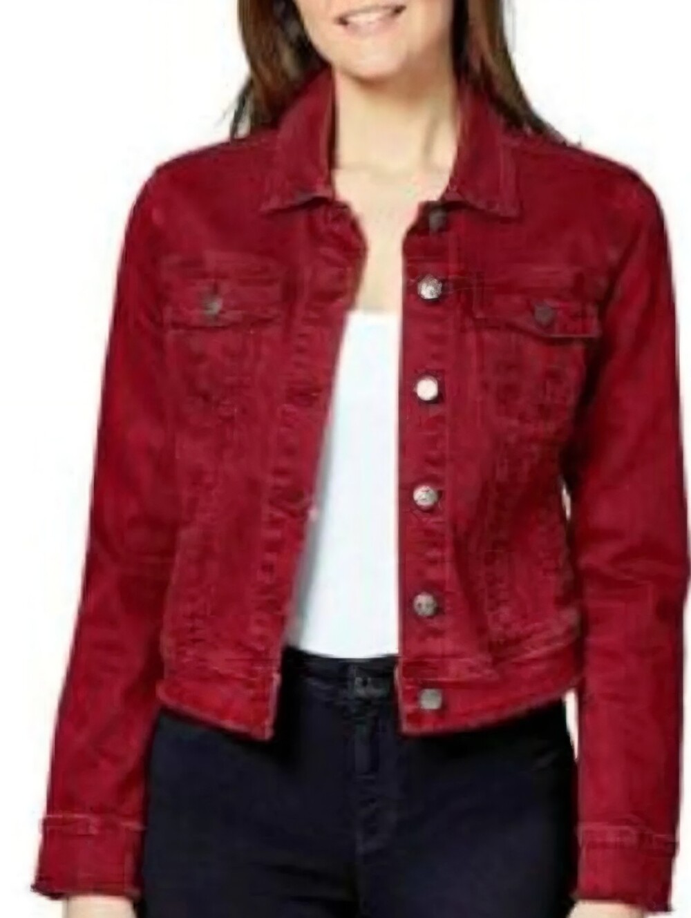 Nine West Sarah Cabernet button-front denim jacket raw fringe hem XXL